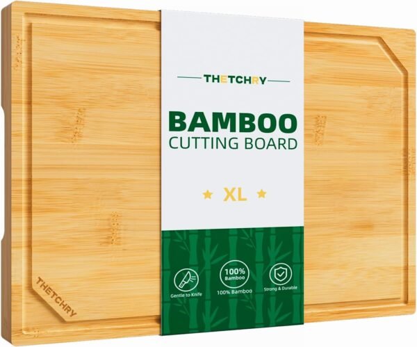 Organic Bamboo Cutting Boards for Kitchen-Wood Non-Slip Cutting Board with Juice Groove & Handle, Extra Large Chopping Board for Meat, Perfect Size for Prep & Serving, 17" x12" x0.7"