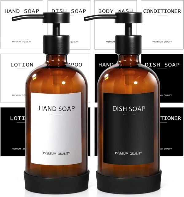 Amber Glass Soap Dispenser 2 Pack, Bathroom Hand Soap Dispenser with Stainless Steel Pump, 16 Oz Kitchen Hand and Dish Soap Dispenser Set, Modern Brown Soap Lotion Dispensers Bottle