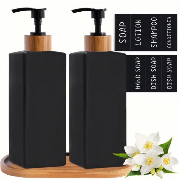Matt Black Soap Dispenser Set, Harcure 2 Pack Glass Soap Dispenser with Tray, 12 oz Hand and Dish Soap Dispenser Set for Kitchen Bathroom, Refillable Liquid Lotion Dispenser Square (Black)