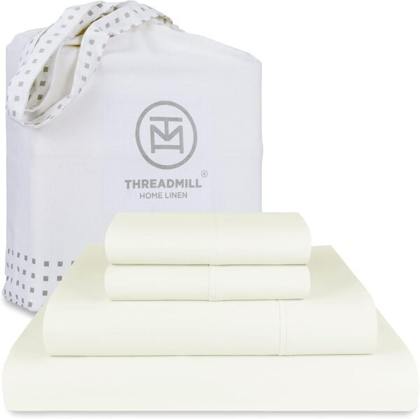 Threadmill 100% Supima Cotton Sheets, Premium 1200 Thread Count Cotton Sheets for King Size Bed, 4 Pc Ivory King Bed Sheets Set, 5-Star Hotel Quality with Elasticized Deep Pocket King Sheets