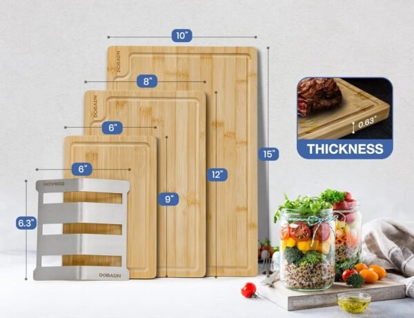 Bamboo Cutting Board Set for Kitchen,Set of 3 Chopping Boards with Juice Groove, Natural Wood Cutting Boards with Stainless Steel Holder, Cutting Board Set for Butcher Block, Cheese, Vegetables - Image 2