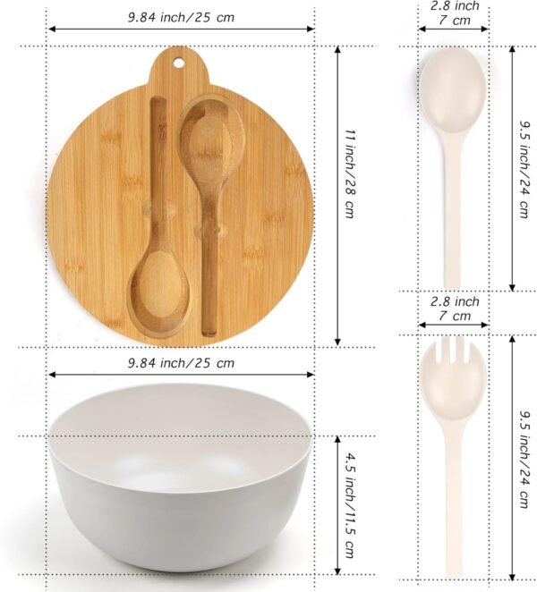 ShineMe Large Salad Bowl with Lid, 9.8inches White Salad Serving Bowl Set with Utensils, Bamboo Wooden Salad Bowl with Multifunctional Lid with Handle and Silicone Seal Ring - Image 6