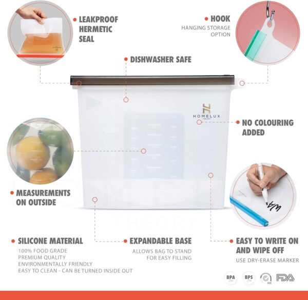 HOMELUX THEORY Reusable Freezer Bags, 7Pcs Large & Medium Reusable Ziploc Bags Silicone Airtight & Leakproof, Reusable Silicone Food Storage Bags, Silicone Snack Bags For Travel & Camping (3L, 4M) - Image 3