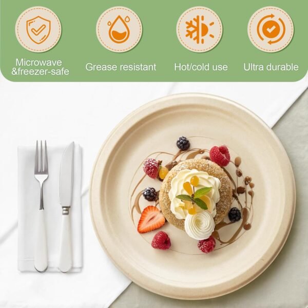 Paper Plates, Compostable Heavy Duty Disposable 9 Inch Plates - Eco-Friendly, Biodegradable Sugarcane Bagasse, Natural Unbleached Brown 9" Dinner Paper Plate Disposable (9inc-300Pack) - Image 3