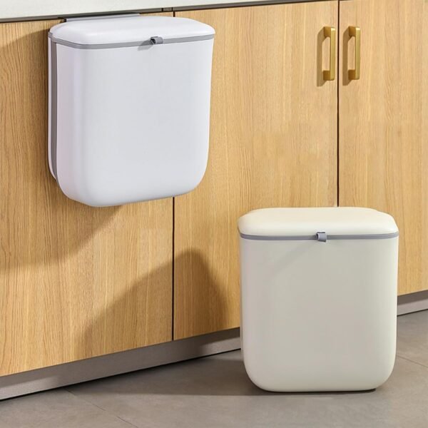 Soddeph 3.2 Gallon Foldable Hanging Trash Can with Lid for Cabinet Door,Kitchen Compost Bin,Wall-Mounted Plastic Garbage Can for Countertop or Under Sink, Bathroom and RV (Beige with lid) - Image 8