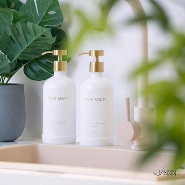 Kitchen Soap Dispenser Set with Non-Slip Protective Silicone Pad,Hand Soap Dispenser for Kitchen and Bathroom Decor, White and Gold Kitchen Accessories (White Bottles + Gold Pumps) - Image 2