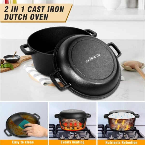 2-in-1 Dutch Oven Cast Iron Dutch Oven pot with Lid,Cast Iron Pots and Pans Set,5.5 Quart Cast Iron Pot,Pre-Seasoned Dutch Oven with Pans Set,All-in-One Cookware Set for camping lodge or RV - Image 8