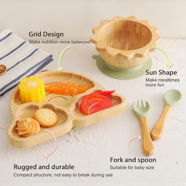 Bamboo Suction Plates Bowls Set for Baby Toddler Divided Platter Food bowl with Silicone Fork & Spoon All-Natural Baby Feeding Set for Baby-Led Weaning, Non-Slip Design - Image 2