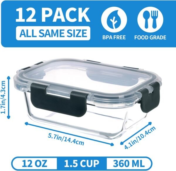 24-Piece Small Glass Food Storage Containers with Lids Airtight, 1.5 Cup Meal Prep Containers Set, Microwave&Dishwasher Safe, Leak-Proof, BPA-Free, Grey - Image 2