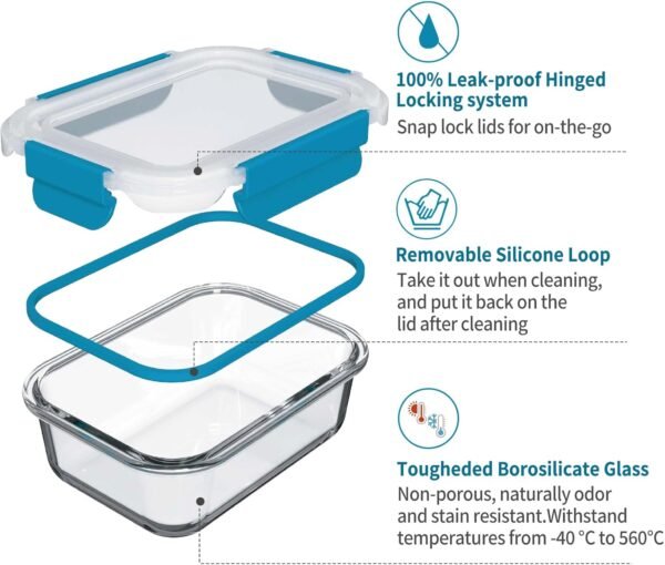 Glass Food Storage Containers with Airtight Lids-Glass Meal Prep Containers/Bento Box/Microwave Freezer Dishwasher Safe-Glass Lunch Box for Kitchen,Stackable,Large Capacity, BPA Free - Image 3