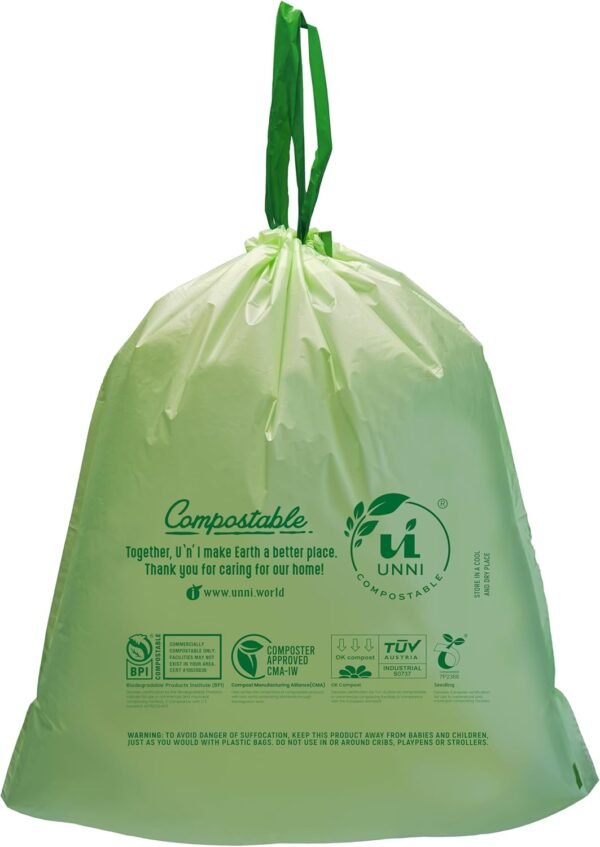 UNNI Compostable Drawstring Bags, 13 Gallon, 49.2 Liter, 30 Count, Heavy Duty 1 Mil, Tall Kitchen Food Scrap Waste Bags with Drawstring Handle, ASTM D6400, US BPI, CMA & Europe OK Compost Certified - Image 3