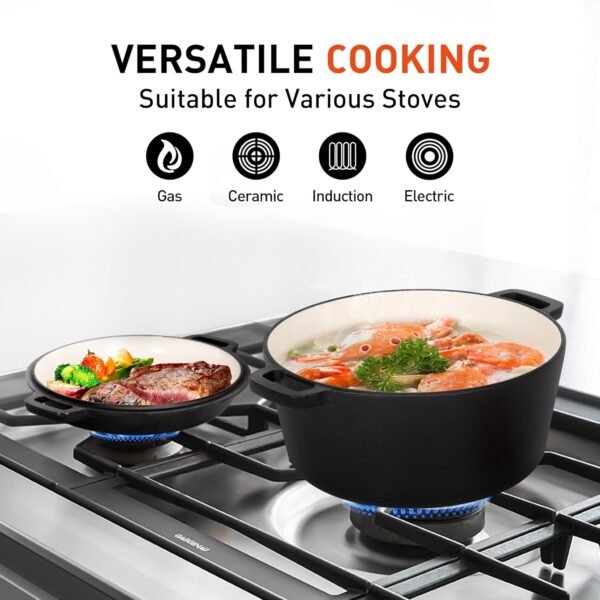 MAISON ARTS 2-in-1 Enamel Cast Iron Dutch Oven with Dual Handles, 5 QT Dutch Oven Pot & 10.5“ Skillet Lid Doubles as Cast Iron Pan, Oven Safe up to 500°F, Cookware for Cooking Baking Stewing - Image 9