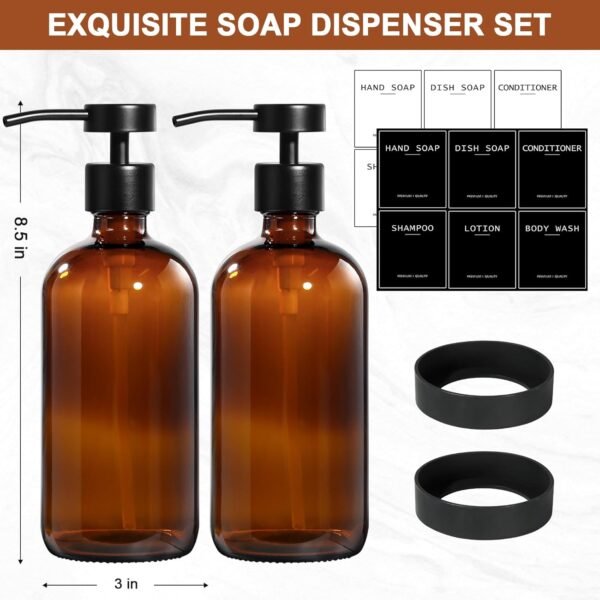 Amber Glass Soap Dispenser 2 Pack, Bathroom Hand Soap Dispenser with Stainless Steel Pump, 16 Oz Kitchen Hand and Dish Soap Dispenser Set, Modern Brown Soap Lotion Dispensers Bottle - Image 2