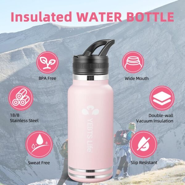 Insulated Water Bottle With Straw,32 oz Vacuum Insulated Stainless Steel Sports Water Flask with 2 Lids & 2 Straws,Keeps Cold and Hot,Metal Water Bottle Wide Mouth for Gym Travel Camping (Pink, 32oz) - Image 3