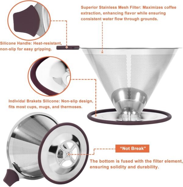 Pour Over Coffee Dripper, Paperless Pour Over Coffee filter, Stainless Steel Reusable Coffee Filters with Double Layer Mesh, Coffee Strainer Cup Stand & Cleaning Brush - Image 4