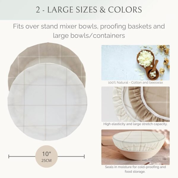 Reusable Bowl Covers for Bread Proofing (2 Lg) - Beeswax Bowl Covers Reusable, Sourdough Bowl Cover, Elastic Cotton Cloth Bowl Covers, Bread Cover for Rising, Bread Bowl Cover, Fabric Bowl Covers - Image 2