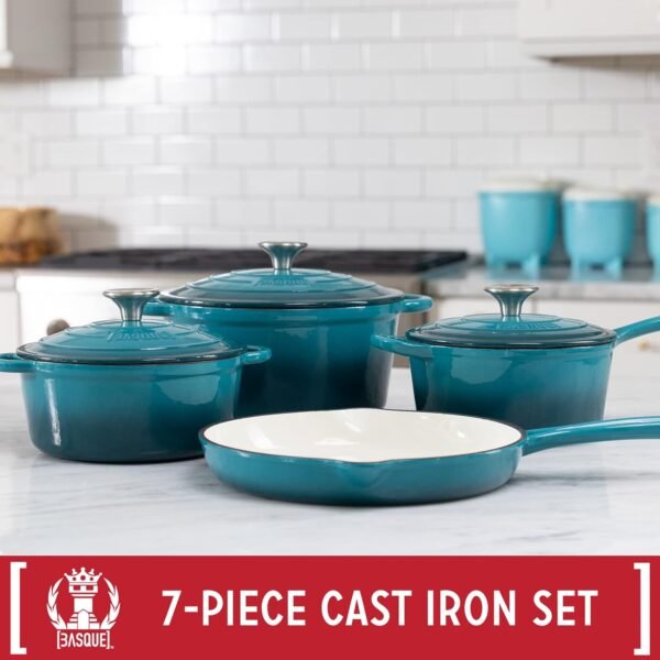 Basque Enameled Cast Iron Cookware Set, 7-Piece Set (Biscay Blue), Nonstick, Oversized Handles, Oven Safe; Skillet, Saucepan, Small Dutch Oven, Large Dutch Oven, 10.25", 2QT, 2.25QT, 4.75QT - Image 2