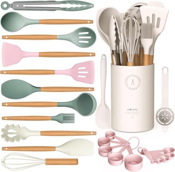 Silicone Cooking Utensils Set - Silicone Kitchen Utensils for Cooking Wooden Handles, 446°F Heat Resistant Kitchen Utensil Spatula Sets w Holder, Gadgets for Non-Stick Cookware BPA FREE (Multicolour)