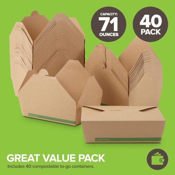(Set of 40) 71oz Food Compostable Take Out Containers Disposable, Large Microwaveable Paper To Go Boxes, Grease Resistant Natural Kraft Cardboard Lunch Box, Takeout, Biodegradable, Eco-Friendly - Image 2