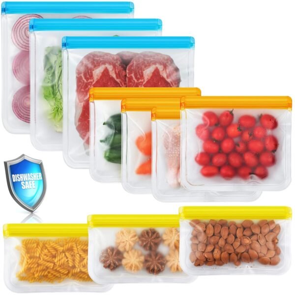 10 Pack Dishwasher Safe Reusable Bags Silicone, Leakproof Reusable Freezer Bags, BPA Free Reusable Food Storage Bags for Lunch Marinate Food Travel - 3 Gallon 3 Snack 4 Sandwich Bags