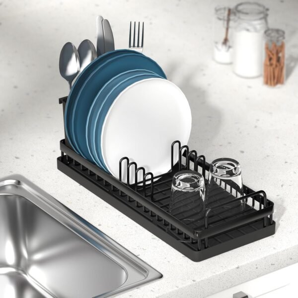 Small Dish Drying Rack, Compact Sink Dish Rack with 2pcs Silicone Drying Mats, Dish Drainer Kitchen Dish Organizer Sponges Holder for Kitchen Counter, Bar, Bottle, Cup - Image 4