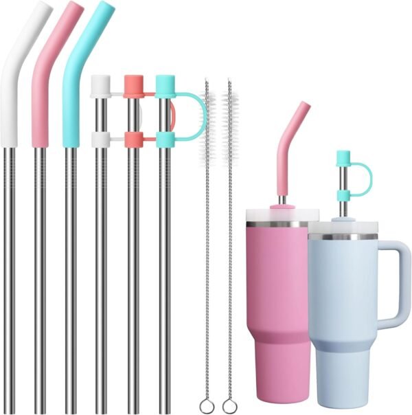Metal Straws for 40 oz Stanley Cup, Reusable Stainless Steel Straws with Silicone Tips, 6 Pcs Extra Long Replacement Straws for 40 oz Tumbler and Clean Brush