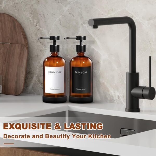 Amber Glass Soap Dispenser 2 Pack, Bathroom Hand Soap Dispenser with Stainless Steel Pump, 16 Oz Kitchen Hand and Dish Soap Dispenser Set, Modern Brown Soap Lotion Dispensers Bottle - Image 6
