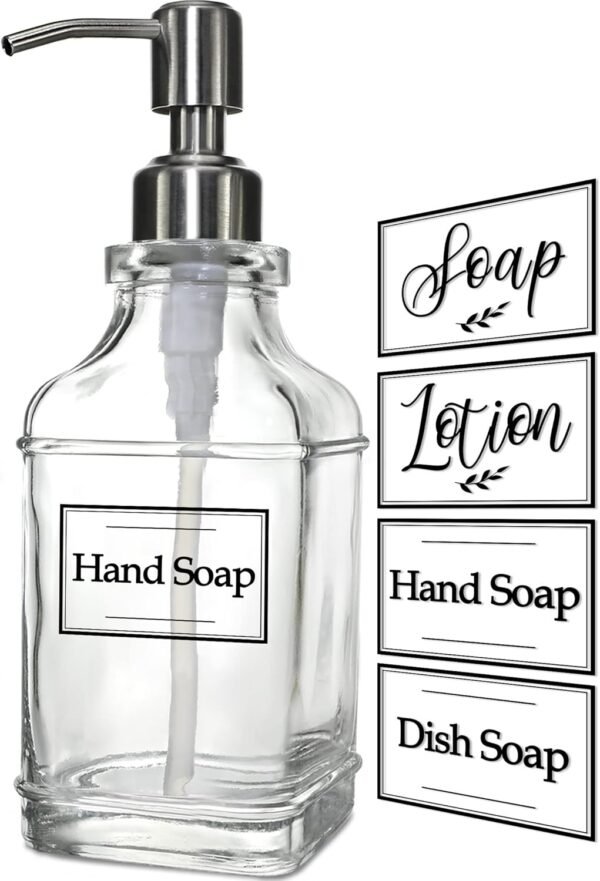 JASAI Antique Design Soap Dispenser with Rust Proof 304 Stainless Steel Pump, Refillable Clear Glass Soap Dispenser with 10Pcs Clear Stickers, Premium Kitchen & Bathroom Soap Dispenser - Image 8