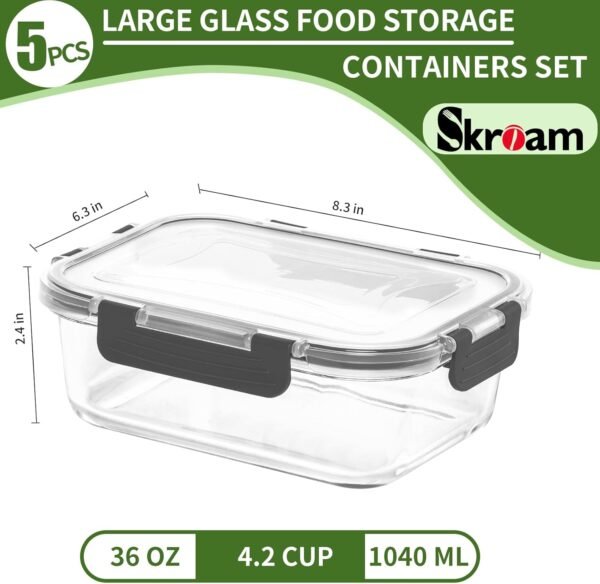 Skroam 5-Packs 36OZ Glass Food Storage Containers with Lids Airtight, Glass Meal Prep Container for Lunch, Pantry Organizers and Storage, Glass Lunch Boxes for Freezer to Oven Safe, Leak Proof - Image 2