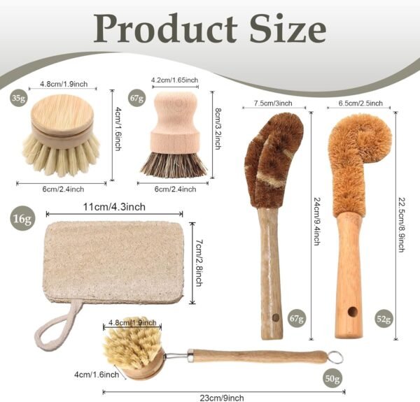 Haploon 7 Piece Wooden Dish Brush Natural,Bamboo Brush Kitchen Set Dish Cleaning Brush Pot Brush & Bottle Cleaner Beech Wood & Natural Bristles Bamboo Scrub Brush for Dishes Plastic Free - Image 2
