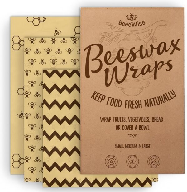 Generic BeeeWise Bee’s Wrap Reusable Beeswax Food Wraps, Eco-Friendly Organic Cotton Food Storage, Assorted 3 Pack (S, M, L) - Sustainable, Durable, Washable
