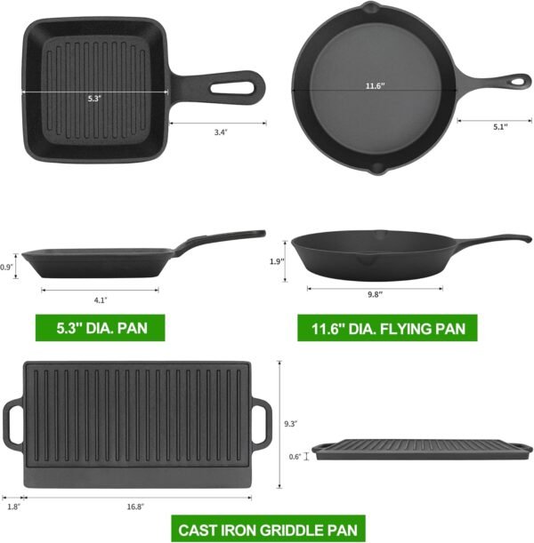 8 Piece Pre-Seasoned Dutch Oven Cooking Set Cast Iron Camping Kitchen Cookware Bakeware Skillets & Square Grill Pan w/Vintage Carrying Wood Box for Ourdoor Home BBQ Baking - Image 4