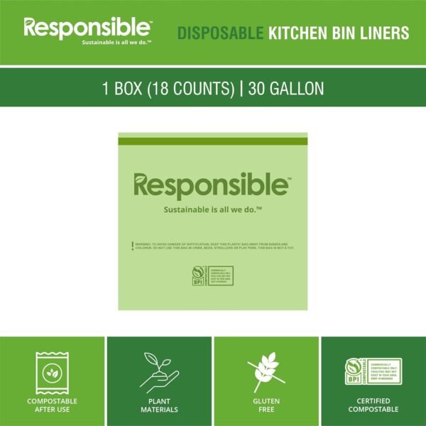 100% Compostable Tall Kitchen Garbage Bags, Heavy Duty 30 Gallon Trash Bags Drawstring(18 Count), Recycling Food Scrap Yard Waste Bathroom Garbage Bags - Image 3