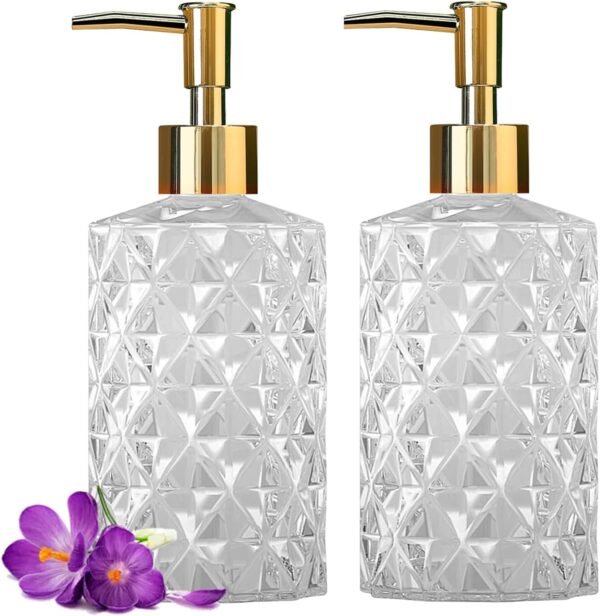 Clear Glass Soap Dispenser, 2 Pack / 11 Oz Liquid Hand Soap Dispenser Set for Kitchen Sink and Bathroom, Dish Soap Dispenser Set Jar Lotion Glass Soap Dispenser Bottles with Gold Plating Pump