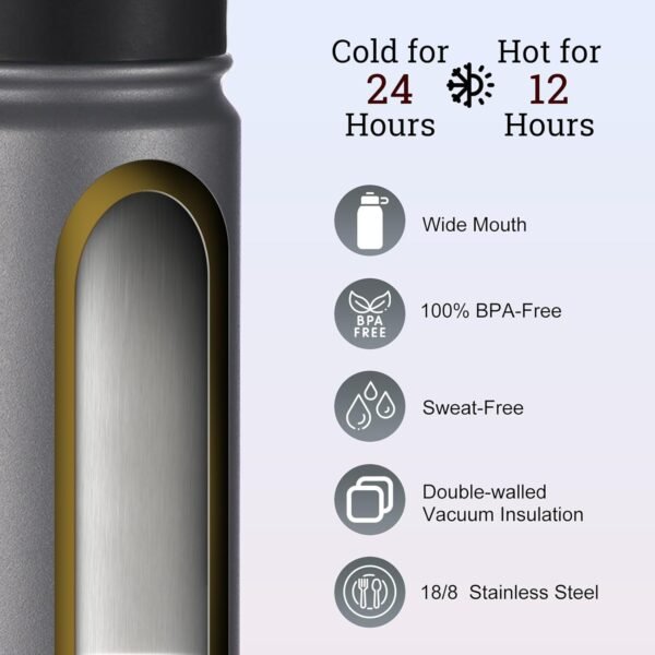 mininoo 24 oz Insulated Water Bottle with Straw, Stainless Steel Double Wall Vacuum Thermos with Straw Lid & Chug Lid, Leak Proof, BPA Free, Keep Cold for 24H & Hot for 12H-2 pack(Grey) - Image 3