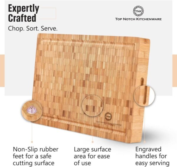 End Grain Wood Bamboo Cutting Board for Kitchen, Commercial Use - Extra Large, Thick Butcher Block with Juice Groove, Handles, and Non-Slip Feet for Chopping Veggies, Carving Meat, Bread and Cheese - Image 4