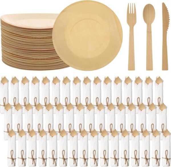 Layhit 50 Set Pre Rolled Napkin and Bamboo Cutlery Set, Forks Knives Spoons Plates Napkins for Party, Banquet, Outdoor Wedding, Dinner, Home, Festival, Baby Shower Supply