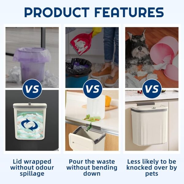 3 Pack Hanging Trash Can with Lid, 10L/2.6 Kitchen Compost Bin for Counter Top or Under Sink, Small Plastic Waste Basket Wall Mounted Garbage Can for Cupboard/Bathroom/Bedroom/Office/Camping (White) - Image 5