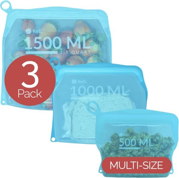 Reli. Reusable Silicone Bags (3 Pack, Multi-Size) | 1 Snack, 1 Sandwich, 1 Gallon - Aqua | Silicone Bags for Food Storage | Reusable Food Storage Bags for Food, Meal Prep | Dishwasher/Freezer Safe