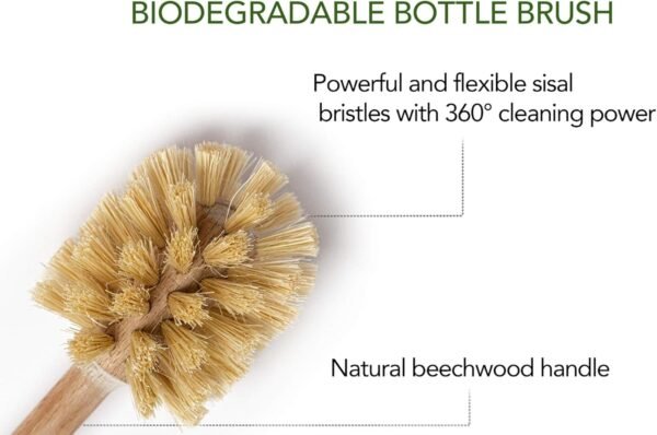 ECOLULU Natural Bamboo Dish Brush & Wood Bottle Brush for Wide Mouth Bottles, Cups and Jars, 2 Replacement Heads included (4 units total) Biodegradable, Eco Friendly Products - Image 5