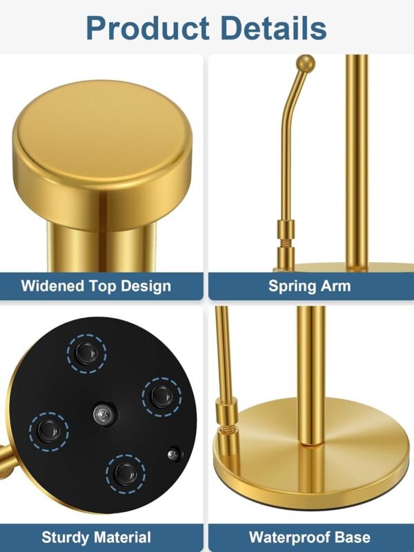 SMARTAKE Paper Towel Holder, Paper Towel Dispenser Standing Weighted Base Non Slip, Spring Arm Fit Most Size Paper Roll, Stainless Steel Kitchen Roll Stand for Home Kitchen Countertop Tabletop, Gold - Image 8