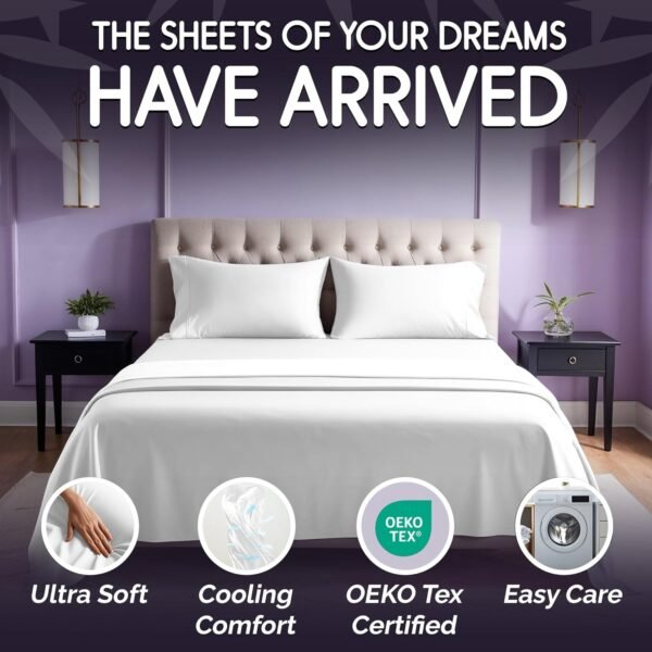 SLEEP SANCTUARY 100% Organic Viscose Derived from Bamboo Sheets King Size 4pcs - Ultra Soft & Luxuriously Cooling, 17" Deep Pocket, Perfect for Hot Sleepers - King Bed Sheets (White) - Image 2