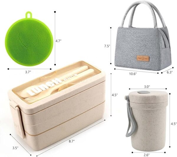 Bento Box Japanese Lunch Box Kit Leakproof Bento Lunch Box for Kids Adults Wheat Straw 3 Layer Stackable Lunch Containers with Compartment Eco-Friendly Meal Prep Containers (Beige) - Image 3
