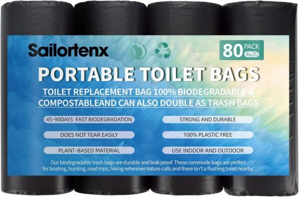 80 Portable Toilet Bags 100% Compostable 8 Gallon Camping Toilet Bags Use with 5 Gallon Bucket Toilet Waste Bags, Disposable Biodegradable Camping Poop Bags for Outdoor Camping Trash Bags