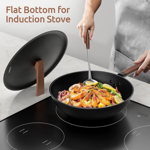 Carbon Steel Wok, 13-Inch, Pre-Seasoned, Non-Stick, with Lid and Spatula, Flat Bottom, Ideal for Stovetop Cooking - Image 6