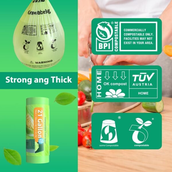 Compostable Trash Bags 21 gallon,20 Count,Extra Thick 1.28 Mills,Fits13-25 gallon trash can, Extra Strong and thick,Compostable Lawn & Leaf Yard Waste bags,ASTM D6400,Bpi Certified - Image 6