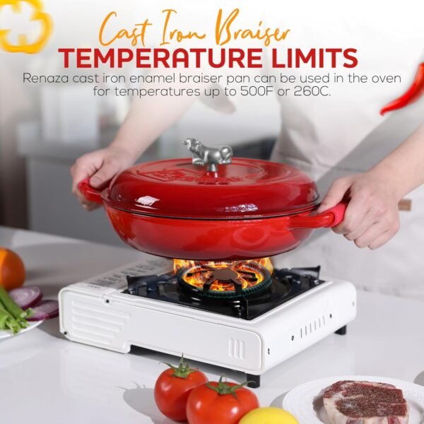 3.5 Qt Enameled Cast Iron Braiser Pan with Lid - With Customizable Knobs & Silicone Heat Grippers - Dutch Oven Cast Iron for Stir Fry & Baking - Braising Pan with Lid Oven Safe Upto 500F - Image 5
