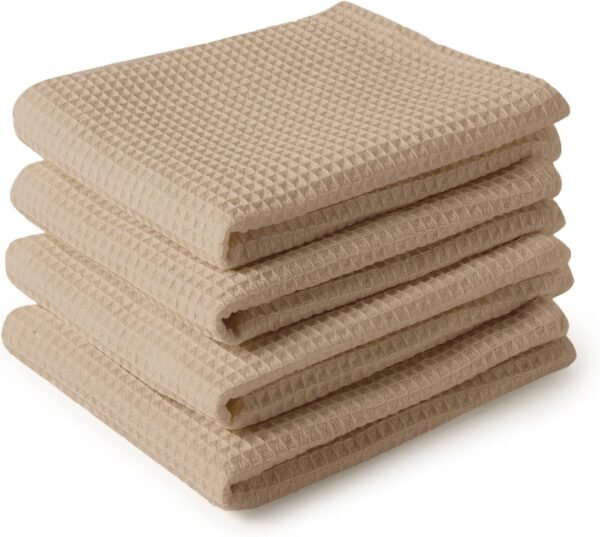 Encasa Homes Anti-Odour Waffle Kitchen Dish Towels, 18 x 28 inch (4 Pc Set) Highly Absorbent, Tea Towels for Cleaning & Quick Drying, Eco-Friendly Cotton - Beige