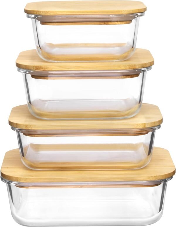 Vtopmart Glass Food Storage Containers with Bamboo Lids, 4 Pack Meal Prep Glass Containers Bento Lunch Box, Safe for Microwave, Oven, Freezer and Dishwasher, BPA Free