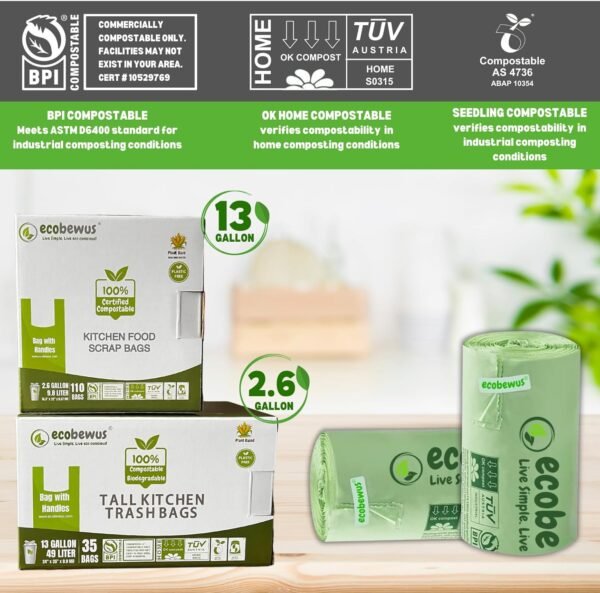 2.6 Gallon 100% Compostable Bags Handle Tie (110 Bags) Small Disposable Compost Trash Bags Food Scrap Garbage Bags US BPI Certified TUV OK Compost Home Certified Meeting ASTM D6400 (110 ct.) - Image 5